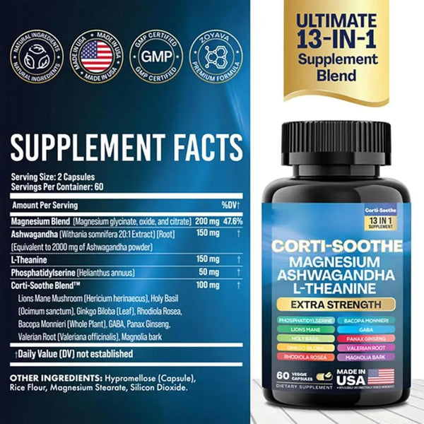 Cortisol Balance Anti-Stress Supplement – Magnesium Glycinate + L-Theanine + Ashwagandha 60 Capsules